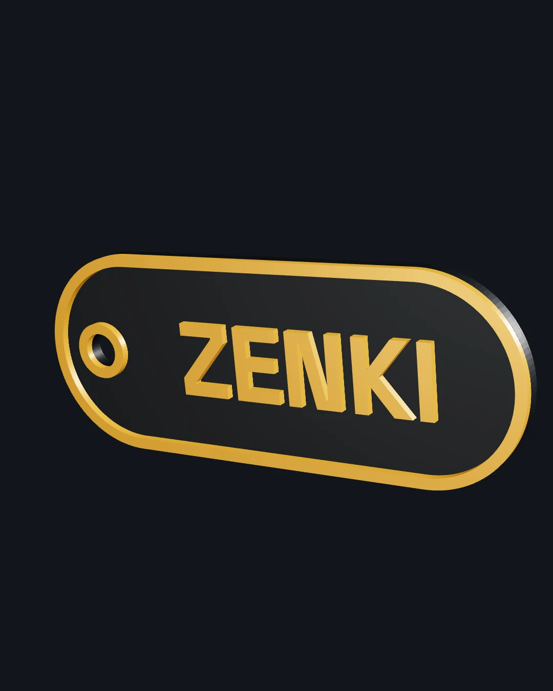 A black capsule key tag with a raised amber rim and lettering